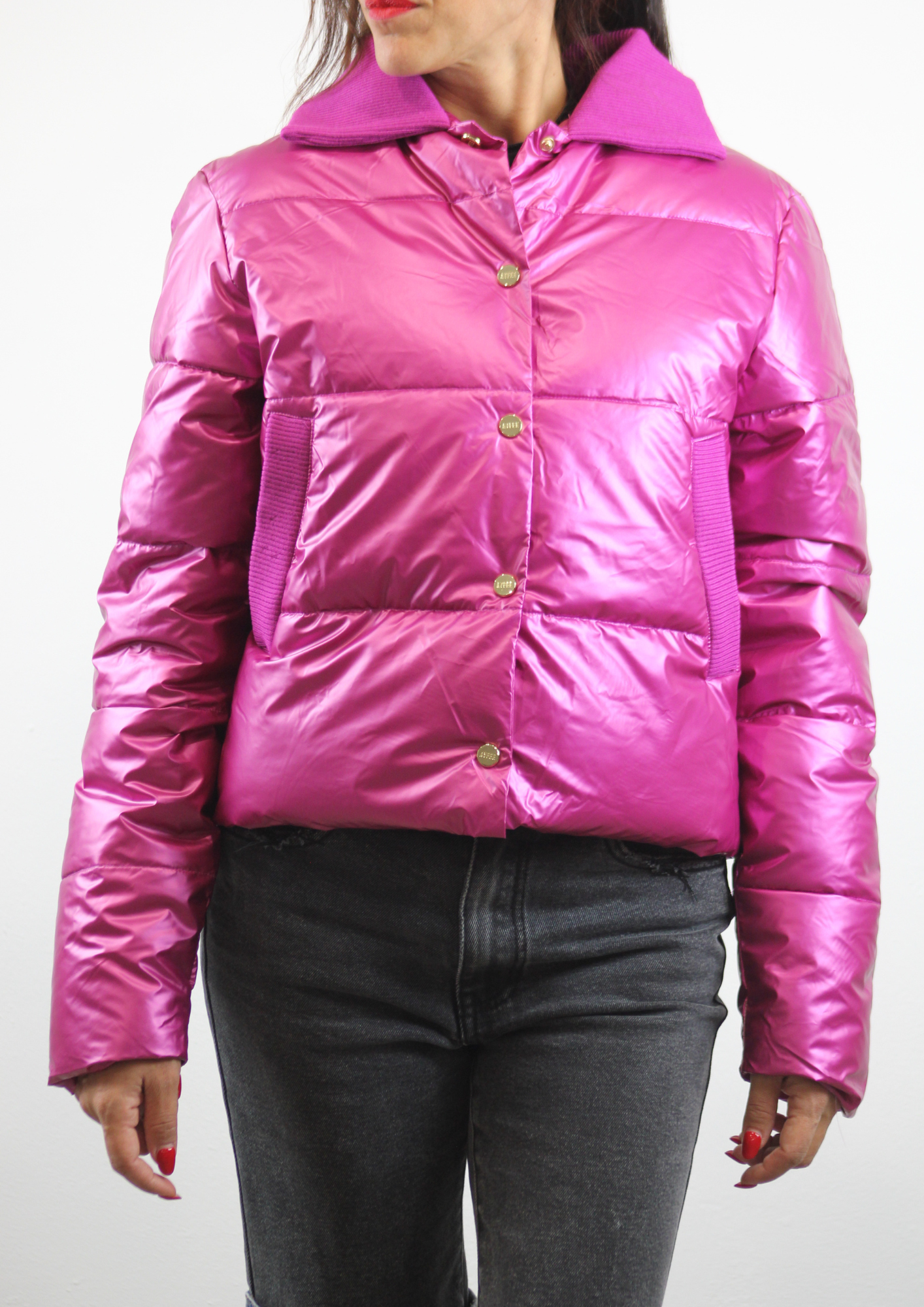 Piumino collo maglia fucsia