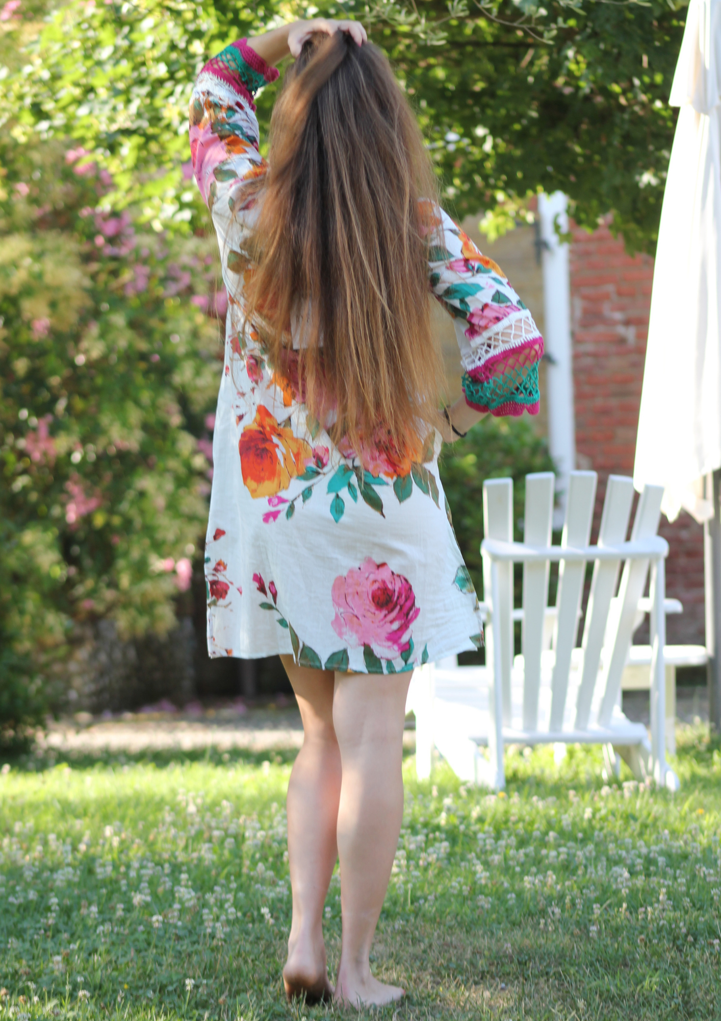 ABITO BIANCO MIDI CON MANICA UNCINETTO STAMPA FLOWER