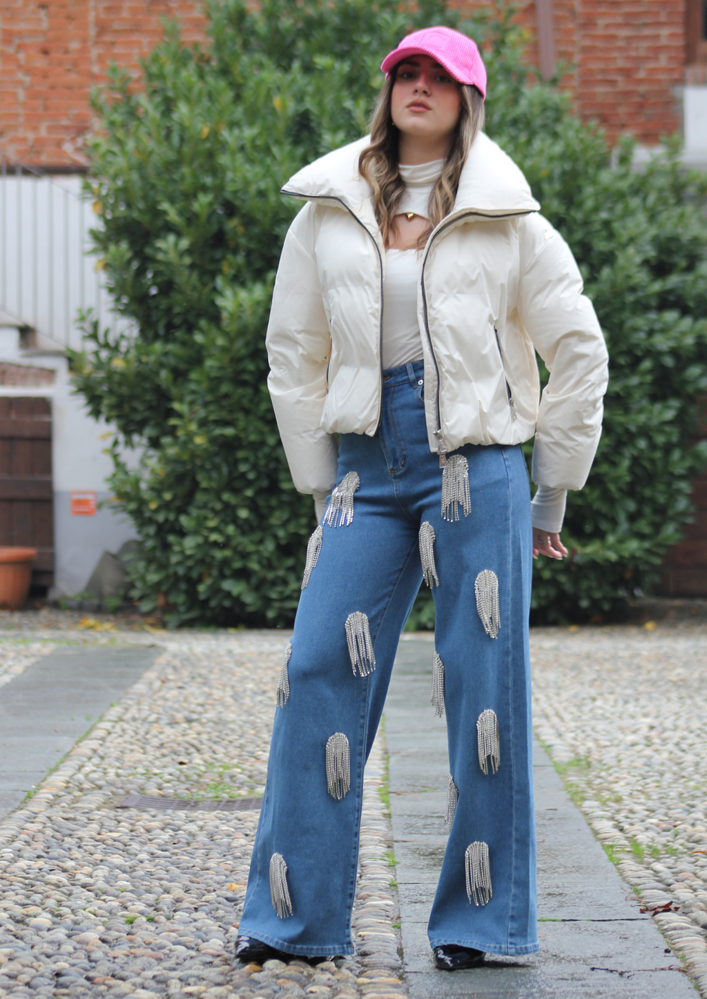 Piumino cropped coulisse panna