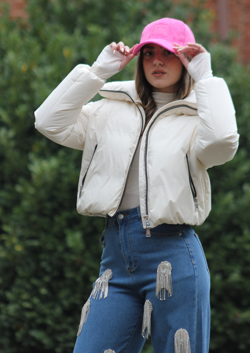 Piumino cropped coulisse panna