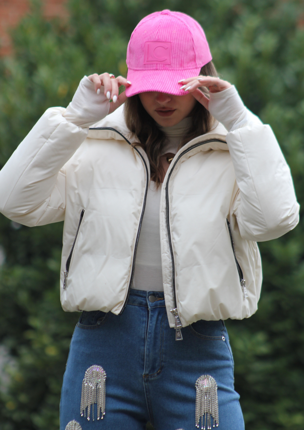 Piumino cropped coulisse panna