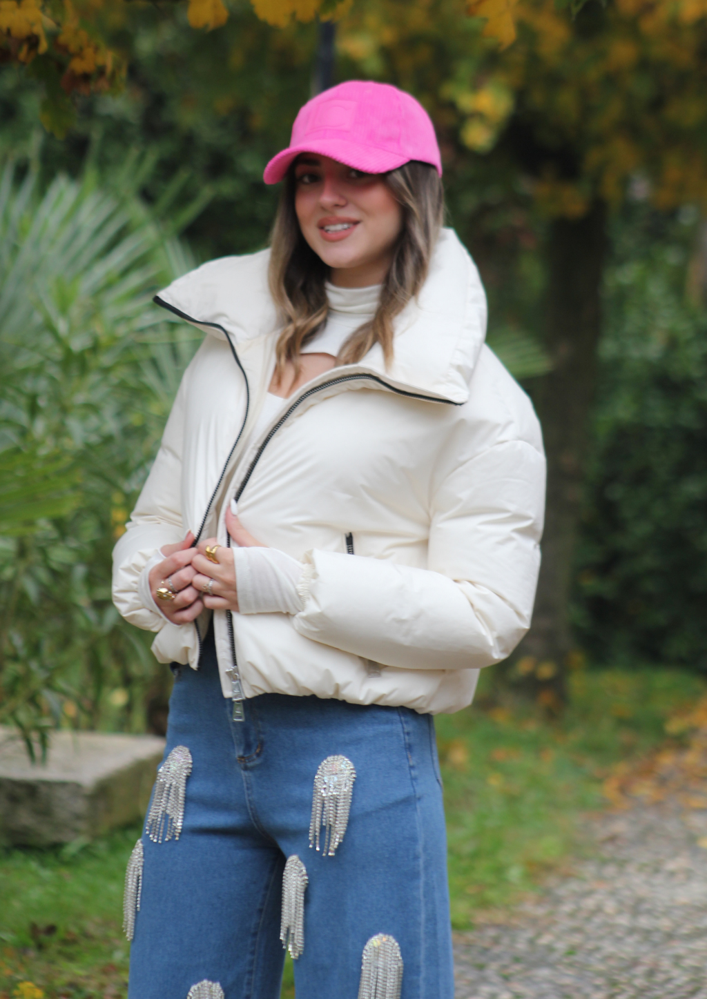 Piumino cropped coulisse panna