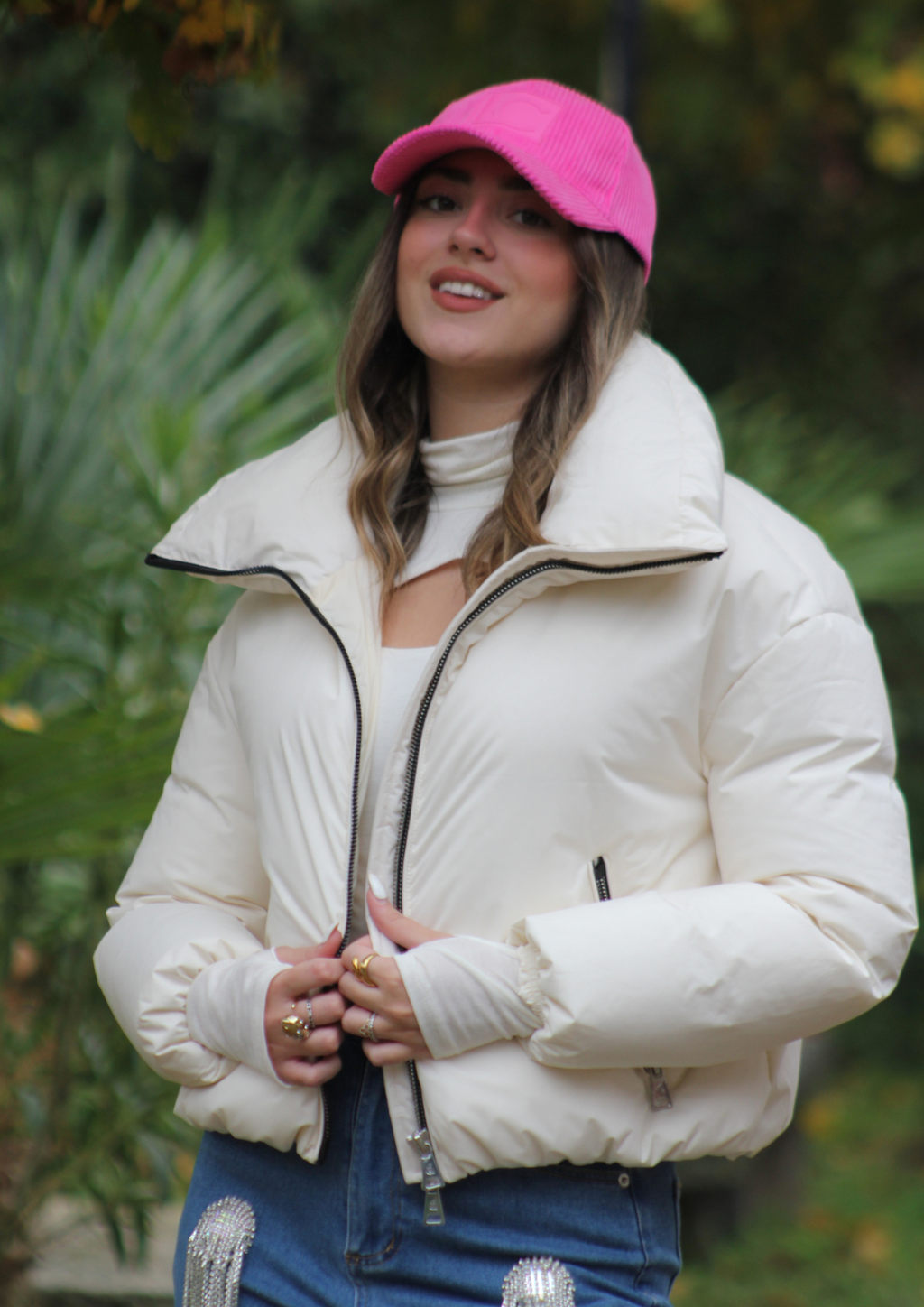 Piumino cropped coulisse panna