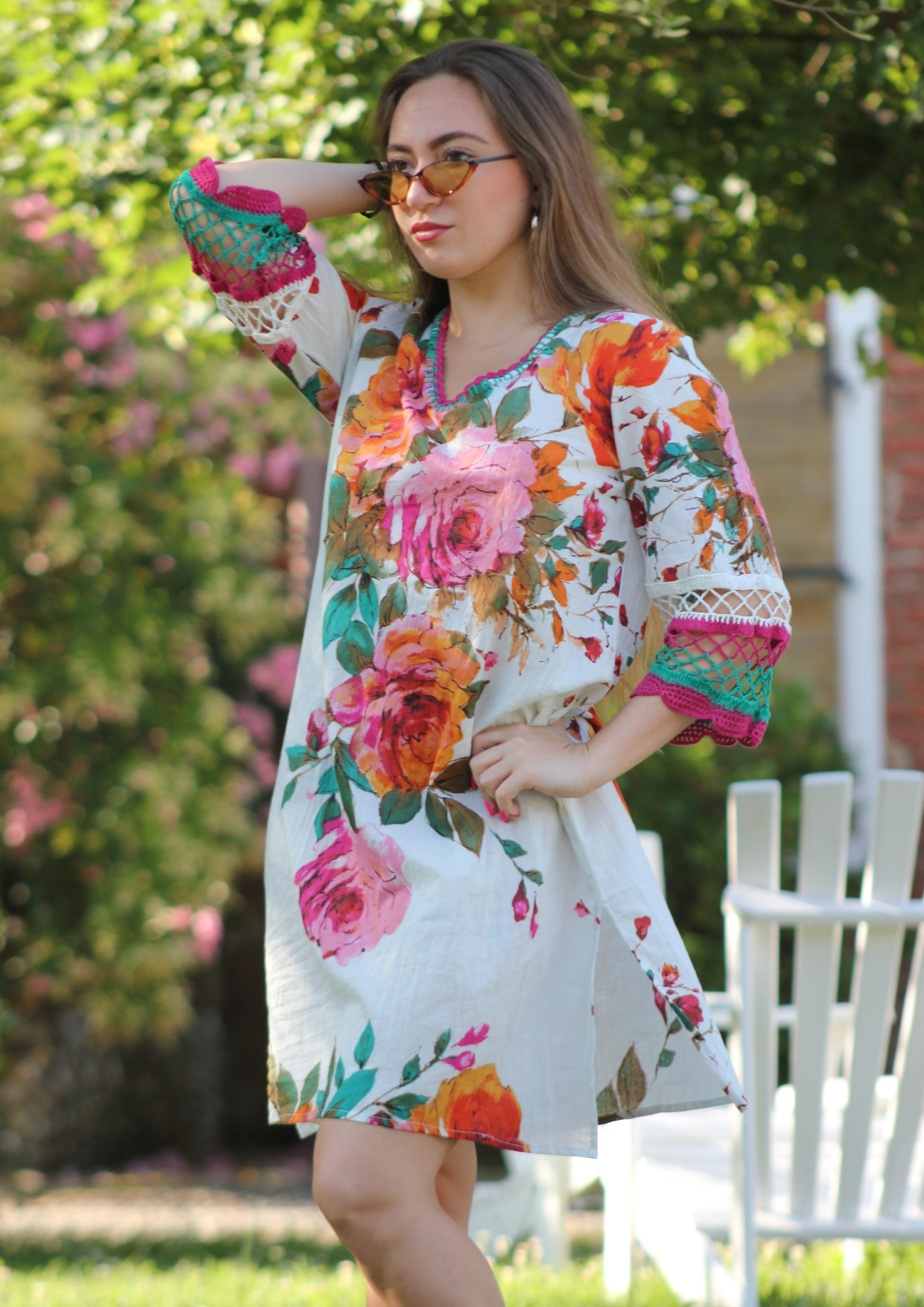 ABITO BIANCO MIDI CON MANICA UNCINETTO STAMPA FLOWER