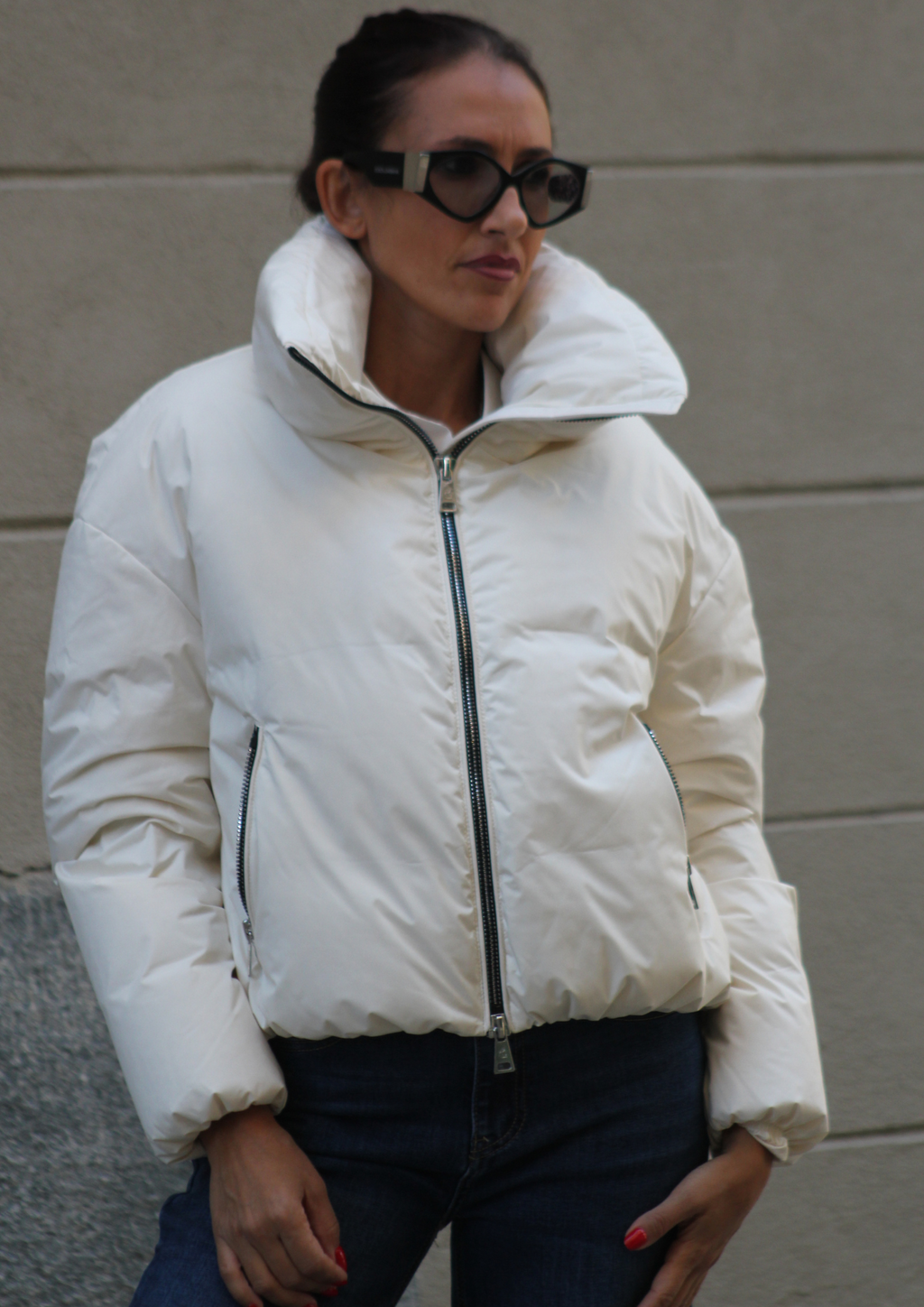 Piumino cropped coulisse panna