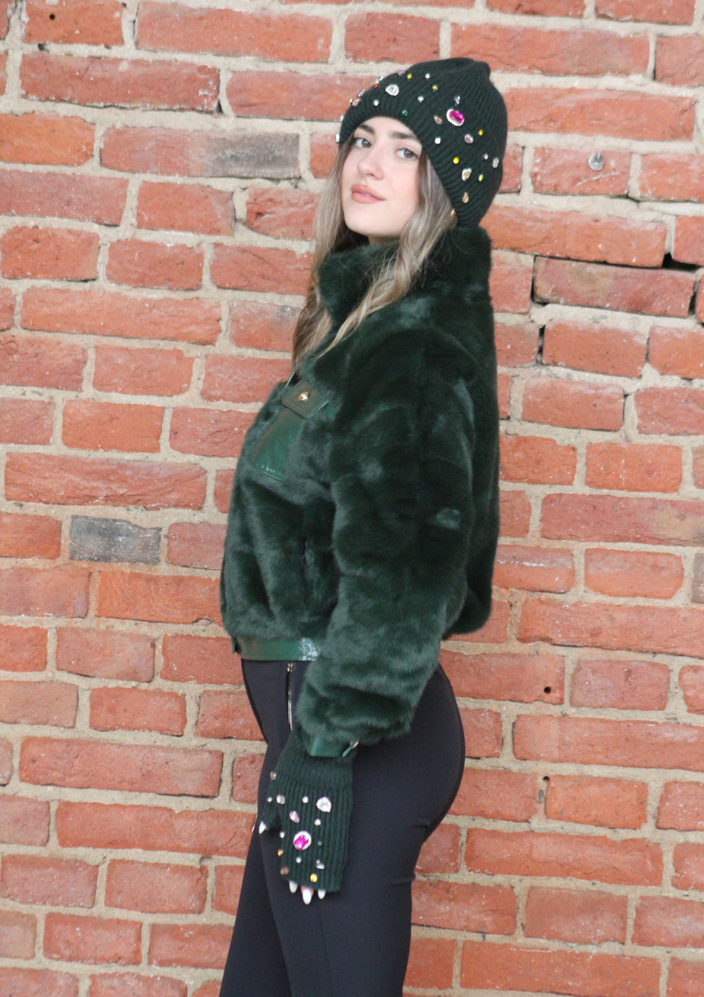 Giacca ecopelliccia verde corta con inserti in ecopelle