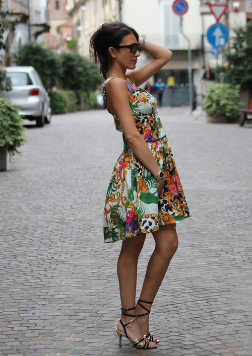 ABITO CORTO AVVITATO STAMPA BAROQUE ANIMAL FLOWER