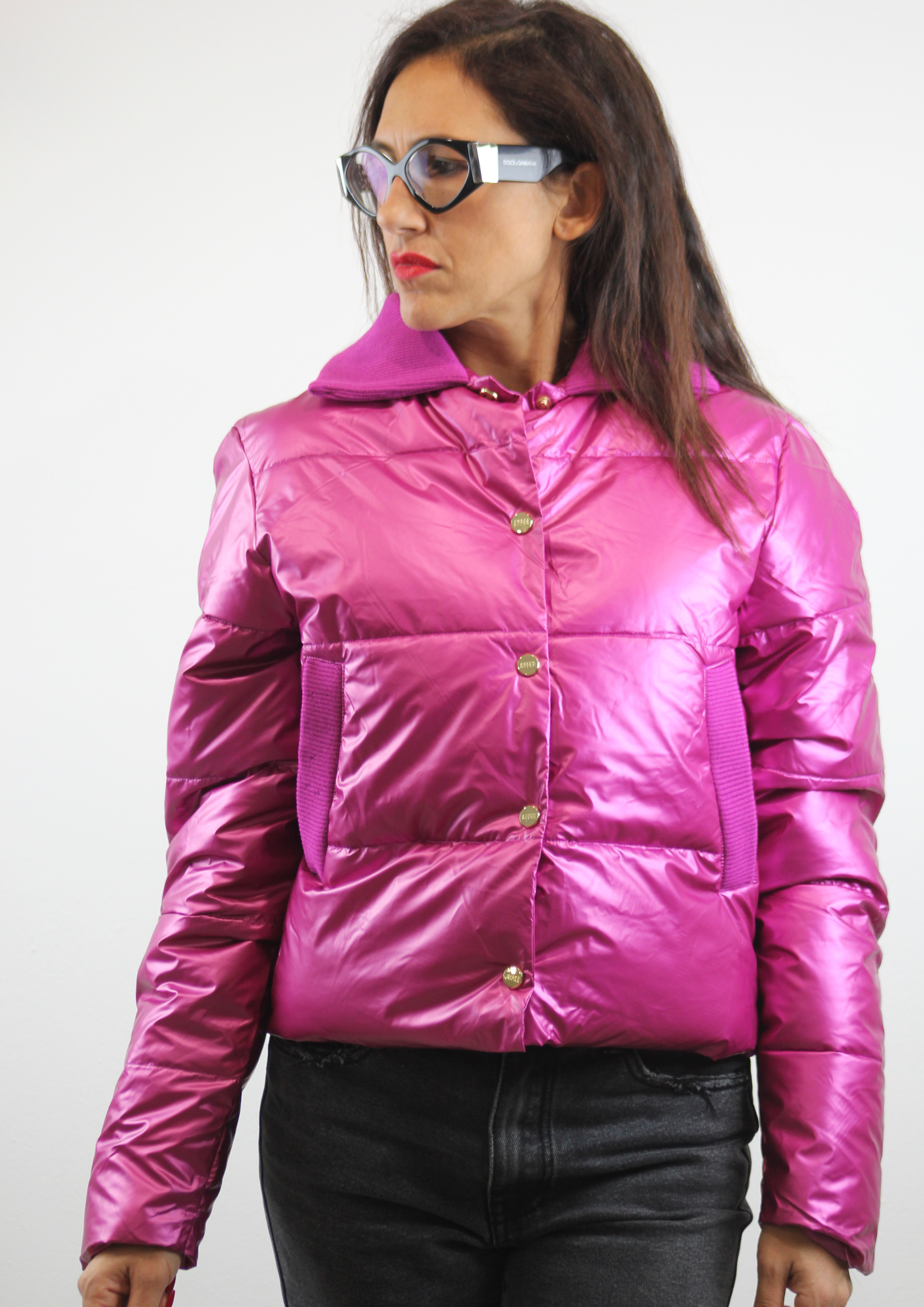 Piumino collo maglia fucsia