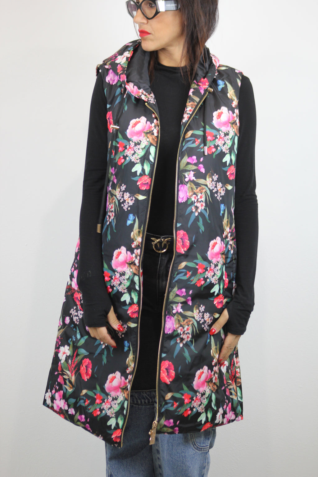 Gilet piumino lungo stampato fiori