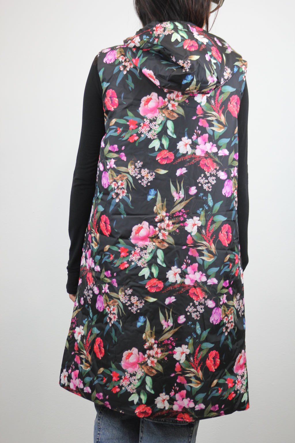 Gilet piumino lungo stampato fiori