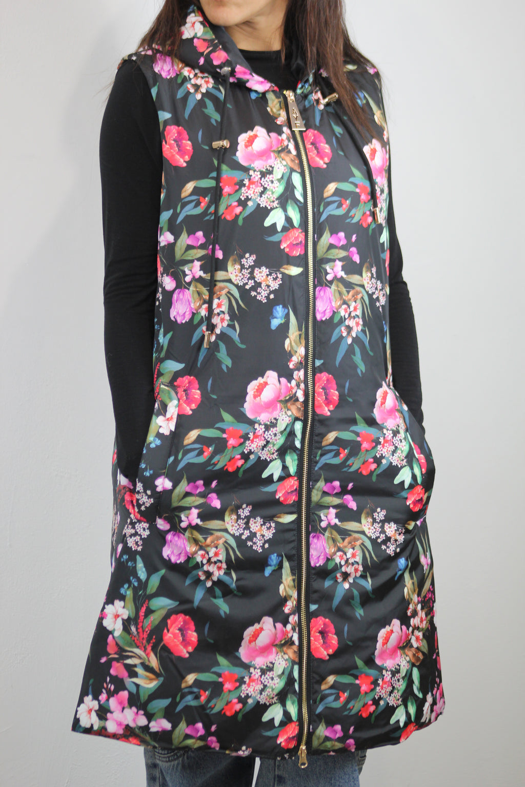 Gilet piumino lungo stampato fiori