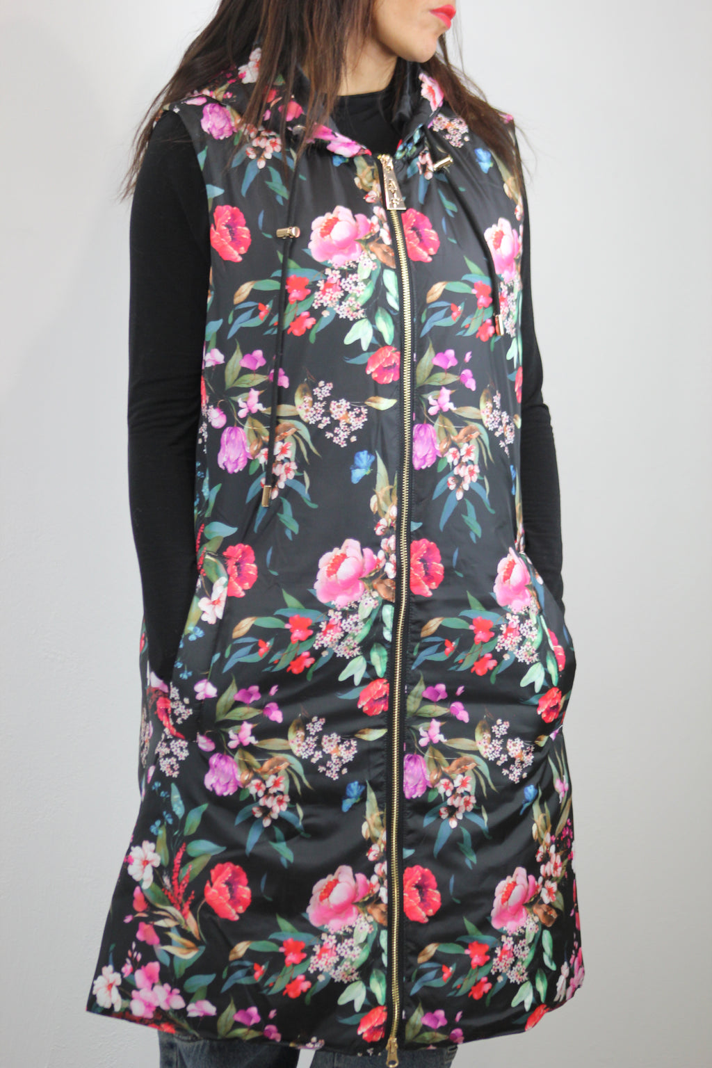Gilet piumino lungo stampato fiori