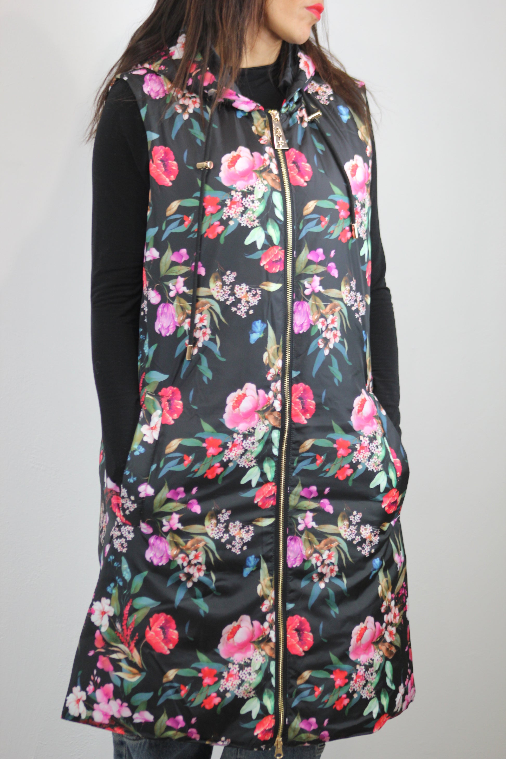 Gilet piumino lungo stampato fiori