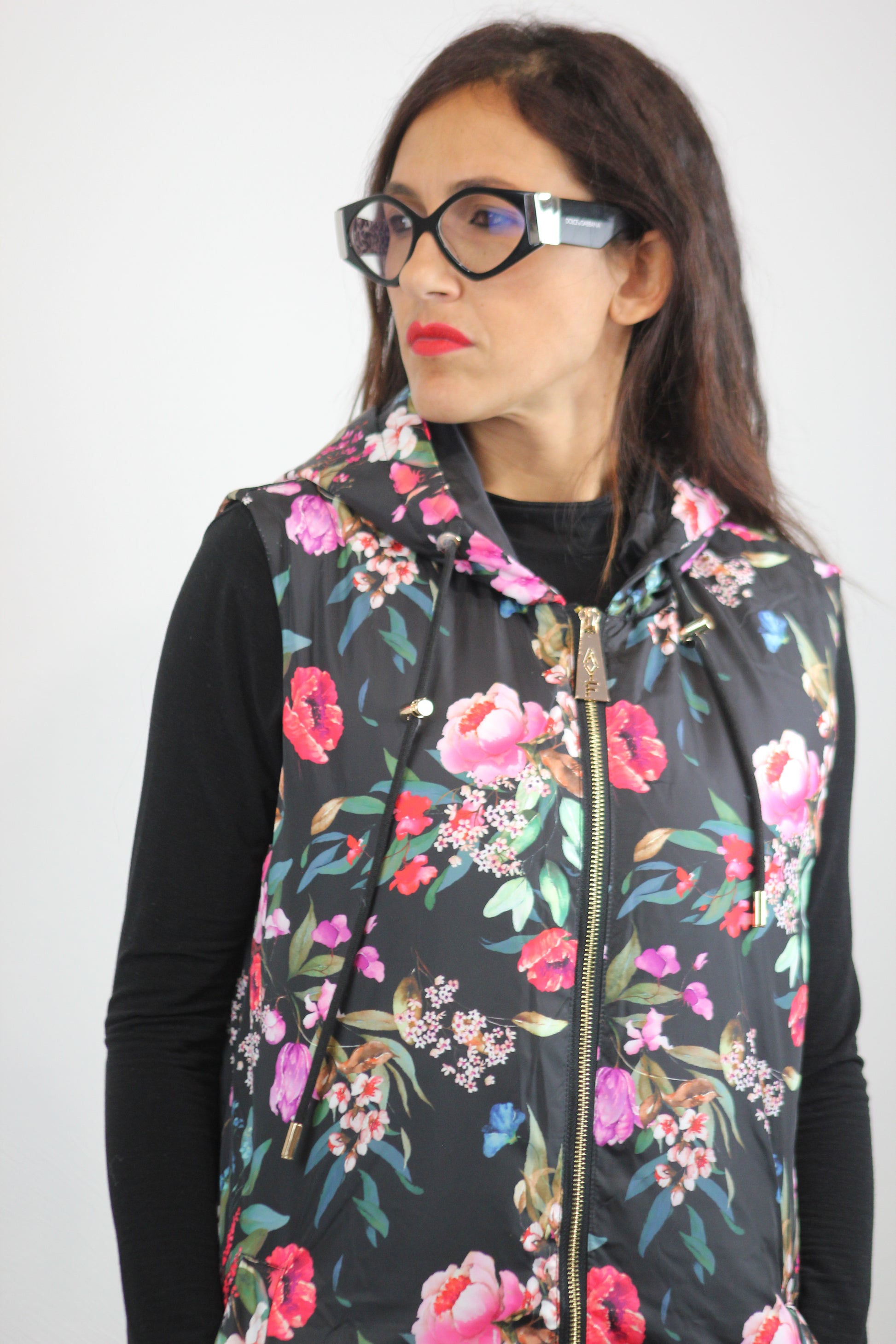 Gilet piumino lungo stampato fiori