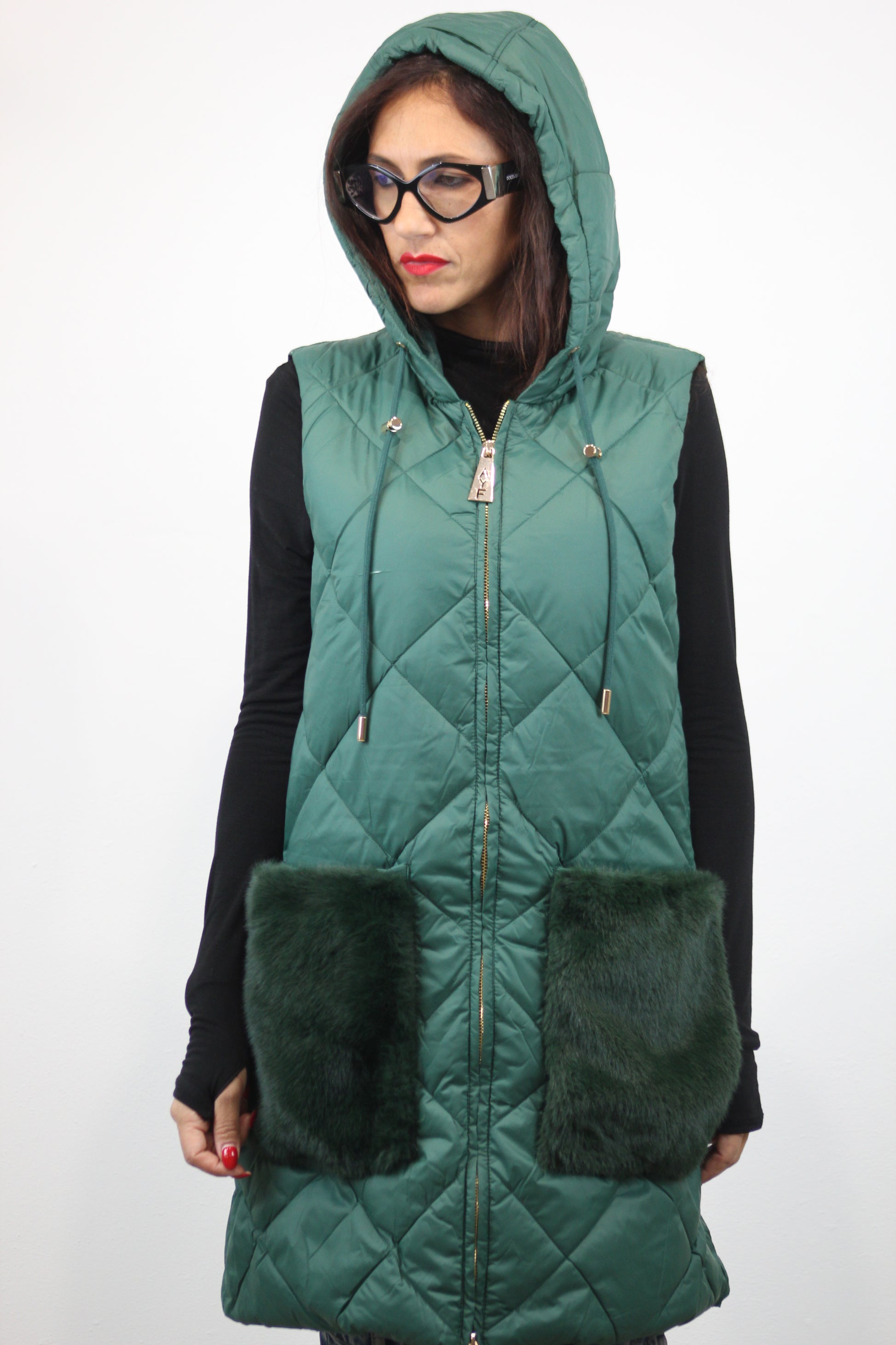 Gilet piumino tasche in pelliccia verde