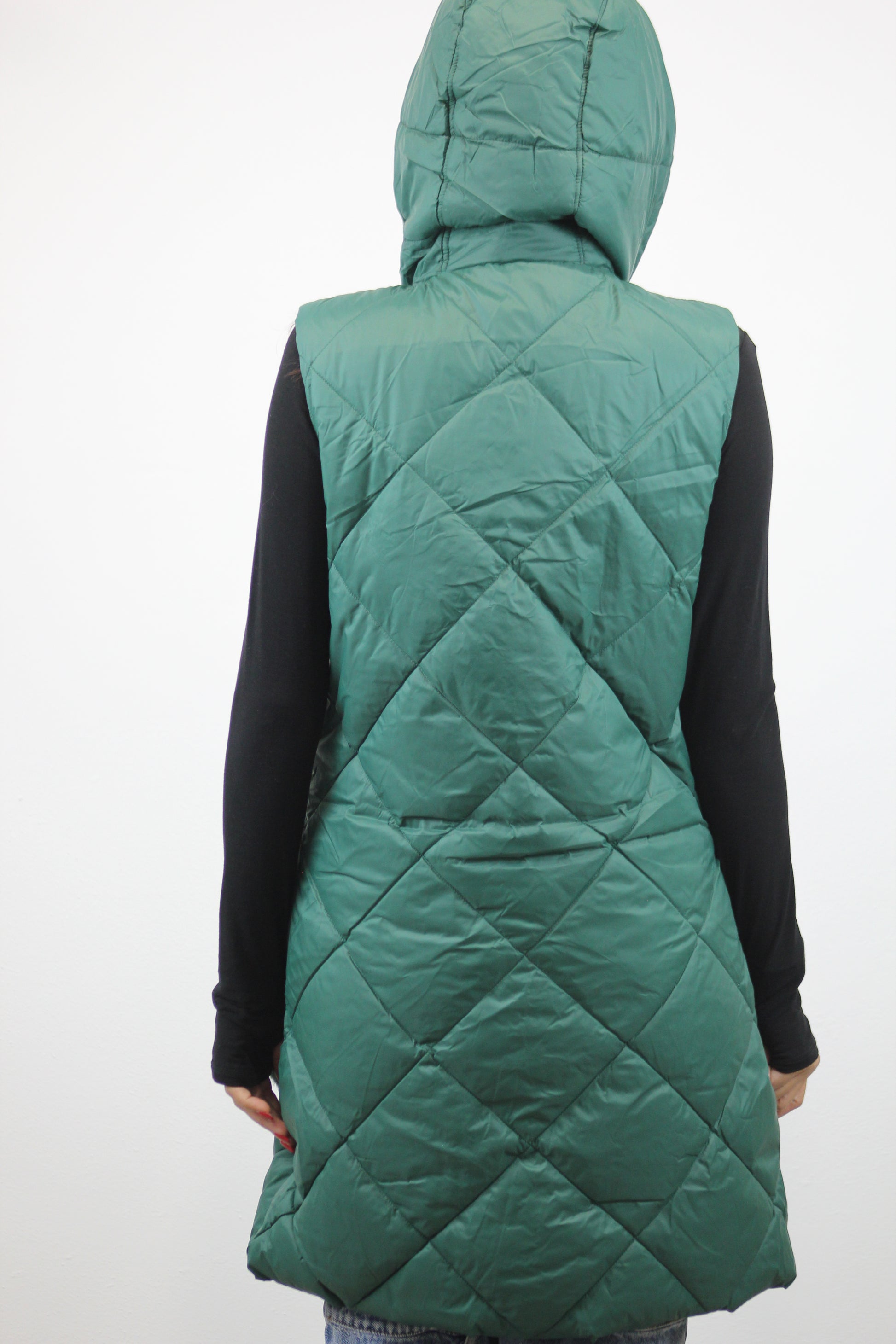 Gilet piumino tasche in pelliccia verde