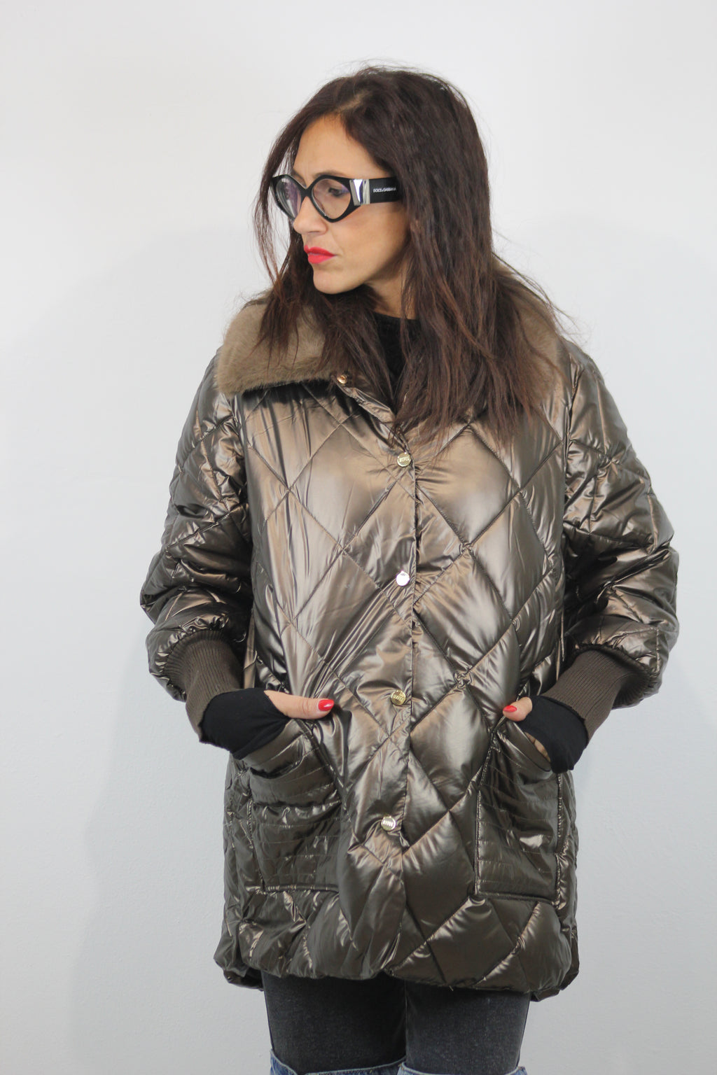 Giacca metal collo pelliccia bronzo