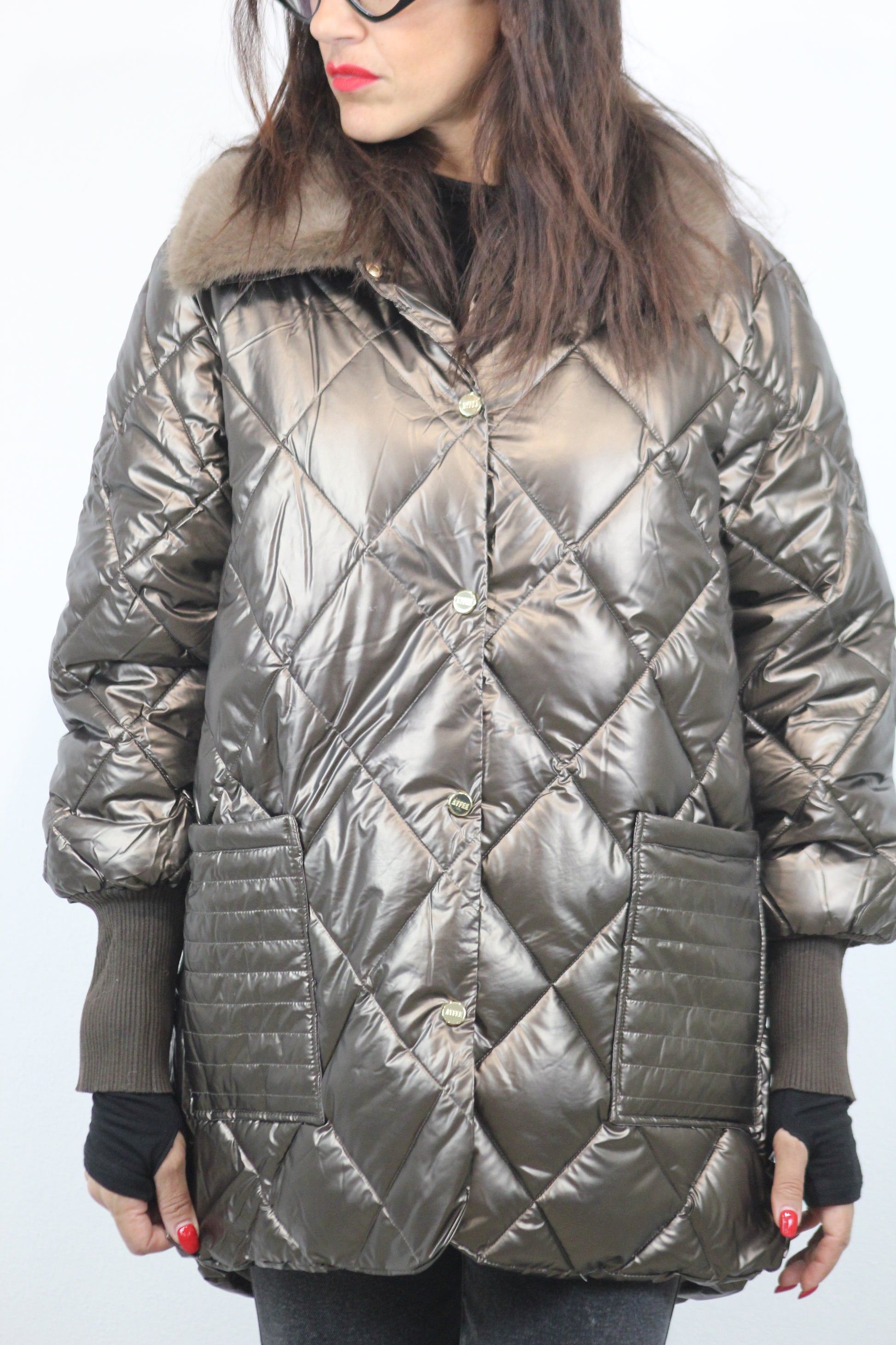 Giacca metal collo pelliccia bronzo