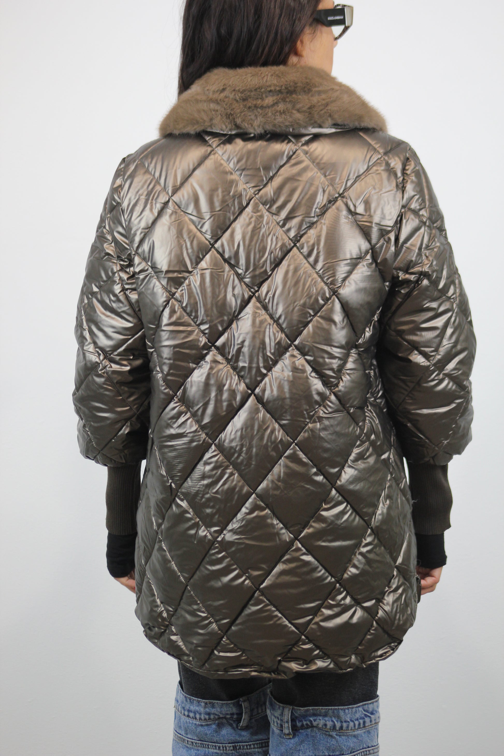 Giacca metal collo pelliccia bronzo